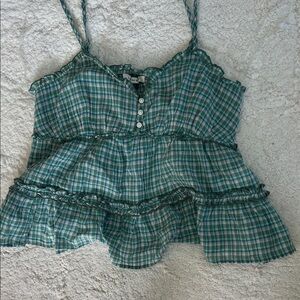 American Eagle | blue Plaid Ruffle Tank Top
